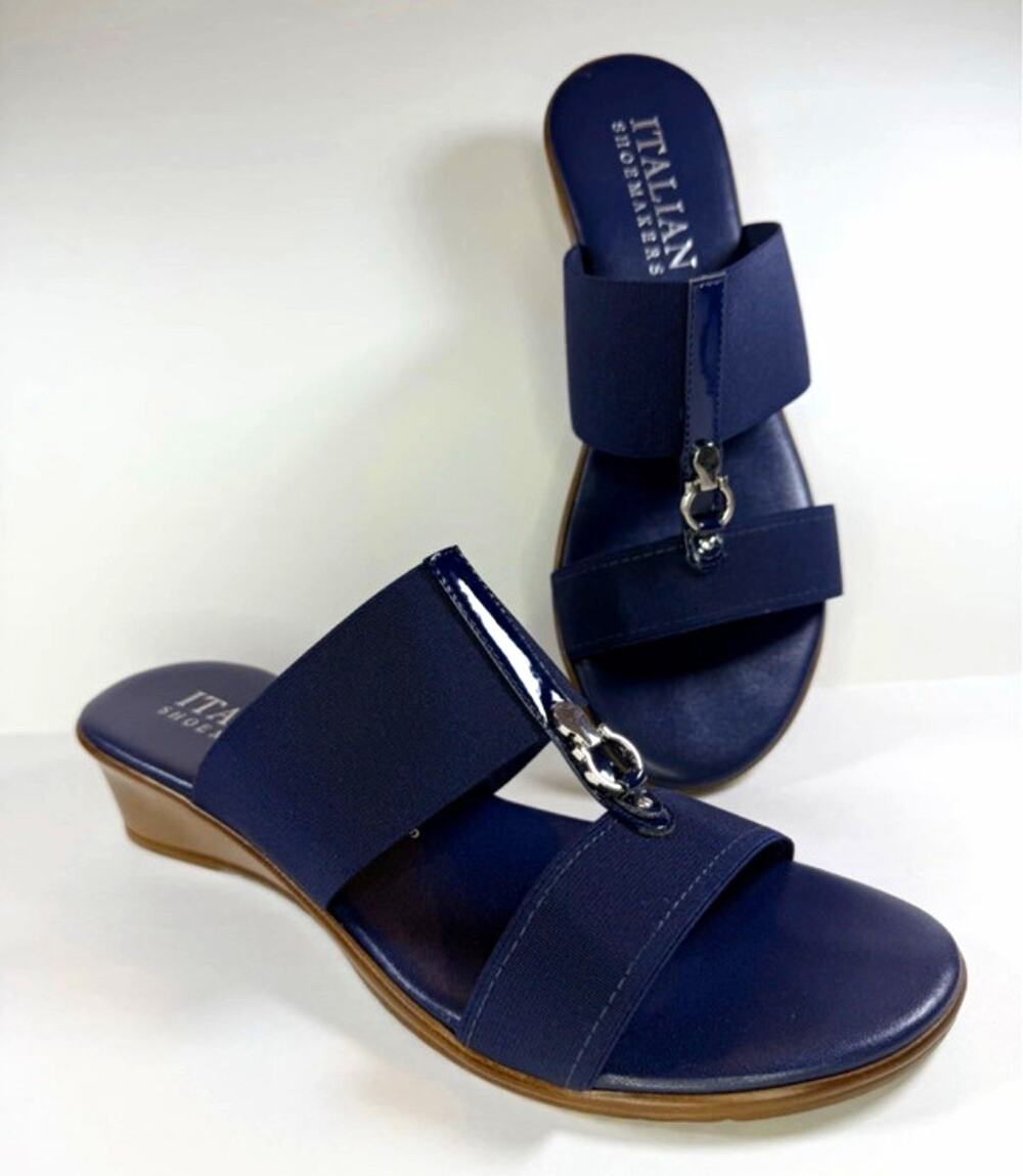 Italian Shoemakers Blue Slip-On Slide Wedge Sandals w/ Straps Logo US 9